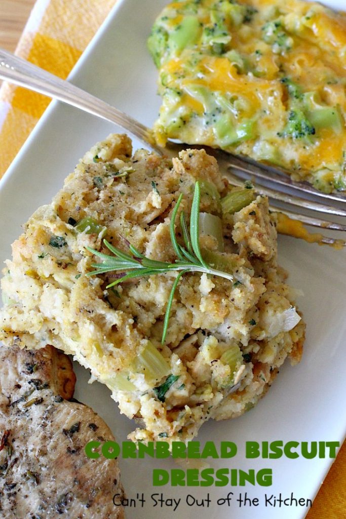 Cornbread Biscuit Dressing | Can't Stay Out of the Kitchen | This fantastic #stuffing #recipe for #turkey is made with #biscuits & #Jiffy #cornbread. Terrific side dish for #Thanksgiving or #Christmas. #TurkeyDressing #TurkeyStuffing #CornbreadBiscuitDressing #GooseberryPatch