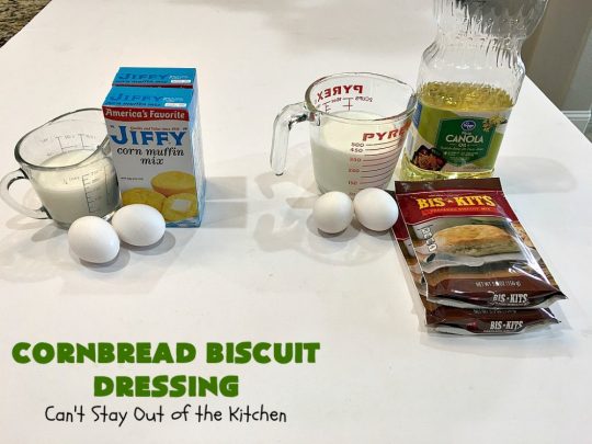 Cornbread Biscuit Dressing | Can't Stay Out of the Kitchen | This fantastic #stuffing #recipe for #turkey is made with #biscuits & #Jiffy #cornbread. Terrific side dish for #Thanksgiving or #Christmas. #TurkeyDressing #TurkeyStuffing #CornbreadBiscuitDressing #GooseberryPatch