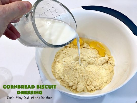 Cornbread Biscuit Dressing | Can't Stay Out of the Kitchen | This fantastic #stuffing #recipe for #turkey is made with #biscuits & #Jiffy #cornbread. Terrific side dish for #Thanksgiving or #Christmas. #TurkeyDressing #TurkeyStuffing #CornbreadBiscuitDressing #GooseberryPatch