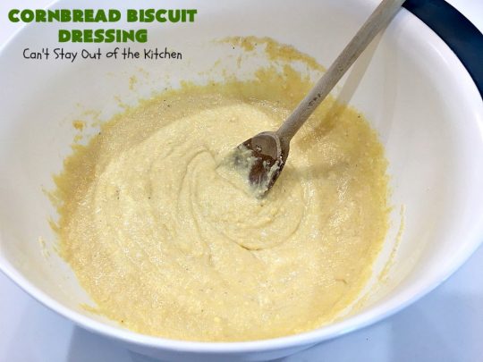 Cornbread Biscuit Dressing | Can't Stay Out of the Kitchen | This fantastic #stuffing #recipe for #turkey is made with #biscuits & #Jiffy #cornbread. Terrific side dish for #Thanksgiving or #Christmas. #TurkeyDressing #TurkeyStuffing #CornbreadBiscuitDressing #GooseberryPatch