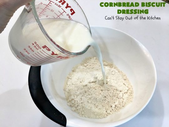 Cornbread Biscuit Dressing | Can't Stay Out of the Kitchen | This fantastic #stuffing #recipe for #turkey is made with #biscuits & #Jiffy #cornbread. Terrific side dish for #Thanksgiving or #Christmas. #TurkeyDressing #TurkeyStuffing #CornbreadBiscuitDressing #GooseberryPatch