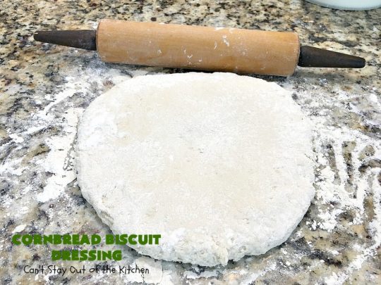 Cornbread Biscuit Dressing | Can't Stay Out of the Kitchen | This fantastic #stuffing #recipe for #turkey is made with #biscuits & #Jiffy #cornbread. Terrific side dish for #Thanksgiving or #Christmas. #TurkeyDressing #TurkeyStuffing #CornbreadBiscuitDressing #GooseberryPatch
