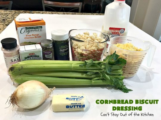 Cornbread Biscuit Dressing | Can't Stay Out of the Kitchen | This fantastic #stuffing #recipe for #turkey is made with #biscuits & #Jiffy #cornbread. Terrific side dish for #Thanksgiving or #Christmas. #TurkeyDressing #TurkeyStuffing #CornbreadBiscuitDressing #GooseberryPatch