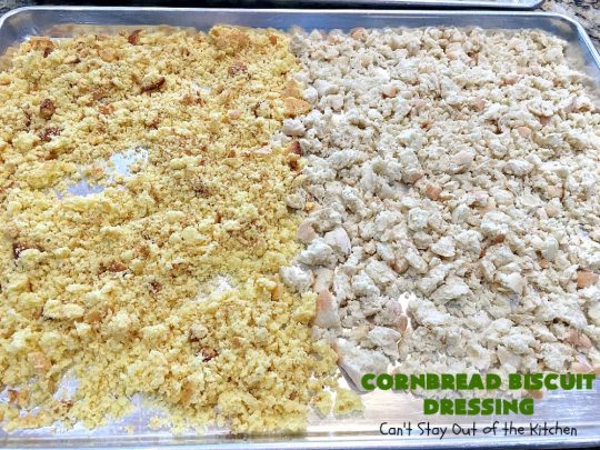 Cornbread Biscuit Dressing | Can't Stay Out of the Kitchen | This fantastic #stuffing #recipe for #turkey is made with #biscuits & #Jiffy #cornbread. Terrific side dish for #Thanksgiving or #Christmas. #TurkeyDressing #TurkeyStuffing #CornbreadBiscuitDressing #GooseberryPatch