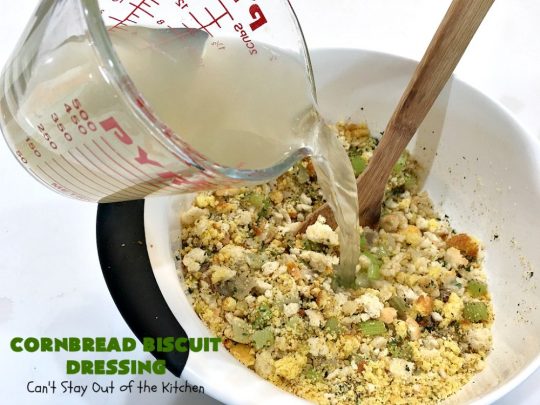 Cornbread Biscuit Dressing | Can't Stay Out of the Kitchen | This fantastic #stuffing #recipe for #turkey is made with #biscuits & #Jiffy #cornbread. Terrific side dish for #Thanksgiving or #Christmas. #TurkeyDressing #TurkeyStuffing #CornbreadBiscuitDressing #GooseberryPatch