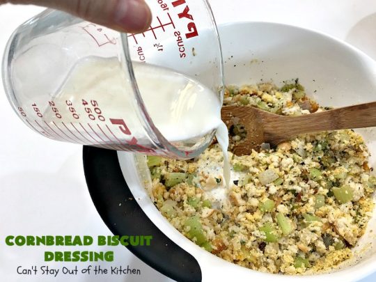 Cornbread Biscuit Dressing | Can't Stay Out of the Kitchen | This fantastic #stuffing #recipe for #turkey is made with #biscuits & #Jiffy #cornbread. Terrific side dish for #Thanksgiving or #Christmas. #TurkeyDressing #TurkeyStuffing #CornbreadBiscuitDressing #GooseberryPatch