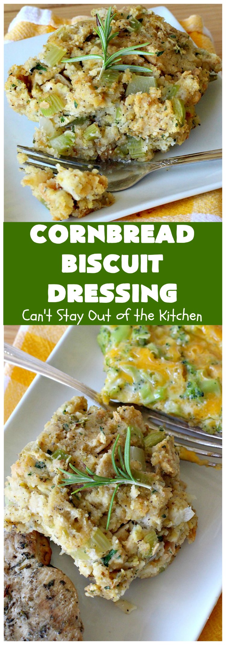Cornbread Biscuit Dressing | Can't Stay Out of the Kitchen | This fantastic #stuffing #recipe for #turkey is made with #biscuits & #Jiffy #cornbread. Terrific side dish for #Thanksgiving or #Christmas. #TurkeyDressing #TurkeyStuffing #CornbreadBiscuitDressing #GooseberryPatch
