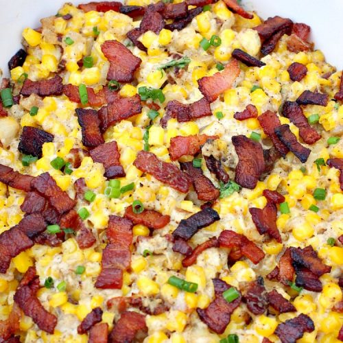 Corny Bacon Casserole | Can't Stay Out of the Kitchen | this delightful #CornCasserole is terrific for #holiday menus like #MothersDay or #FathersDay. It's chocked full of #corn & #bacon & so scrumptious everyone will want extra servings! #CornyBaconCasserole #SideDish #HolidaySideDish