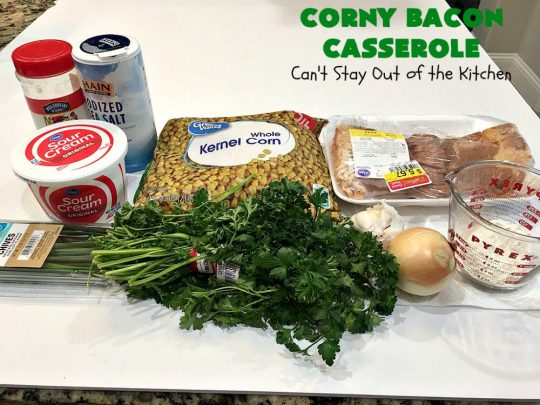 Corny Bacon Casserole | Can't Stay Out of the Kitchen | this delightful #CornCasserole is terrific for #holiday menus like #MothersDay or #FathersDay. It's chocked full of #corn & #bacon & so scrumptious everyone will want extra servings! #CornyBaconCasserole #SideDish #HolidaySideDish