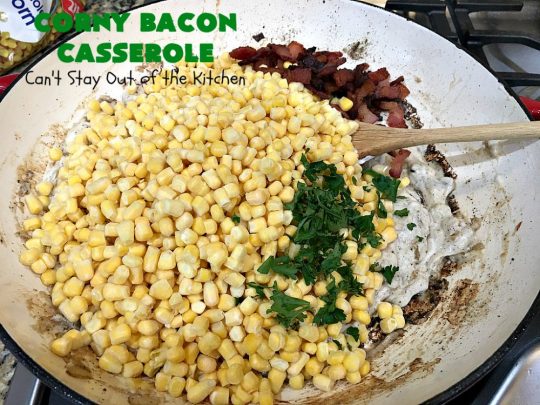Corny Bacon Casserole | Can't Stay Out of the Kitchen | this delightful #CornCasserole is terrific for #holiday menus like #MothersDay or #FathersDay. It's chocked full of #corn & #bacon & so scrumptious everyone will want extra servings! #CornyBaconCasserole #SideDish #HolidaySideDish