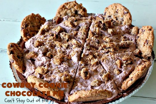 Cowboy Cookie Chocolate Pie | Can't Stay Out of the Kitchen | this luscious & creamy #chocolate #pie is made with #CowboyCookies! Each #cookie contains #pecans #ChocolateChips & #oatmeal. Great #dessert pie for company or #holidays. #CowboyCookieChocolatePie #ChocolateDessert