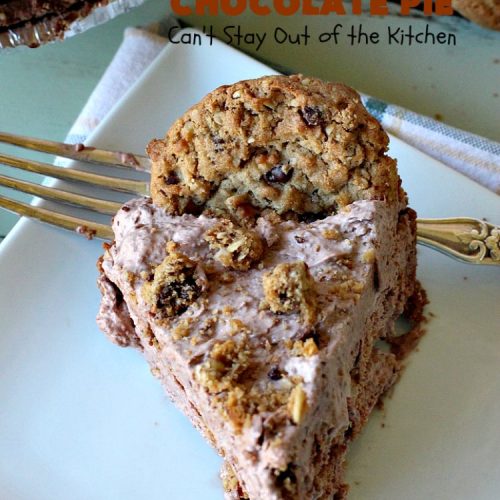 Cowboy Cookie Chocolate Pie | Can't Stay Out of the Kitchen | this luscious & creamy #chocolate #pie is made with #CowboyCookies! Each #cookie contains #pecans #ChocolateChips & #oatmeal. Great #dessert pie for company or #holidays. #CowboyCookieChocolatePie #ChocolateDessert