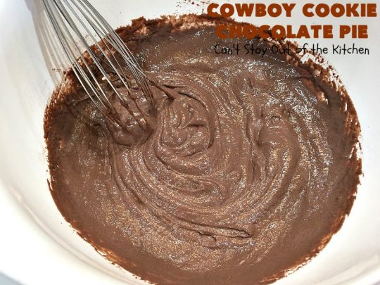 Cowboy Cookie Chocolate Pie | Can't Stay Out of the Kitchen | this luscious & creamy #chocolate #pie is made with #CowboyCookies! Each #cookie contains #pecans #ChocolateChips & #oatmeal. Great #dessert pie for company or #holidays. #CowboyCookieChocolatePie #ChocolateDessert