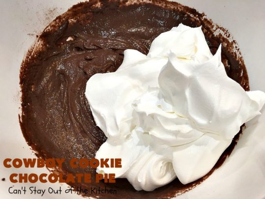 Cowboy Cookie Chocolate Pie | Can't Stay Out of the Kitchen | this luscious & creamy #chocolate #pie is made with #CowboyCookies! Each #cookie contains #pecans #ChocolateChips & #oatmeal. Great #dessert pie for company or #holidays. #CowboyCookieChocolatePie #ChocolateDessert