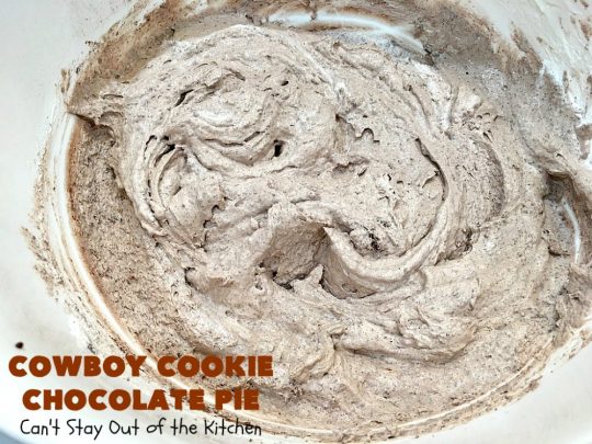 Cowboy Cookie Chocolate Pie | Can't Stay Out of the Kitchen | this luscious & creamy #chocolate #pie is made with #CowboyCookies! Each #cookie contains #pecans #ChocolateChips & #oatmeal. Great #dessert pie for company or #holidays. #CowboyCookieChocolatePie #ChocolateDessert