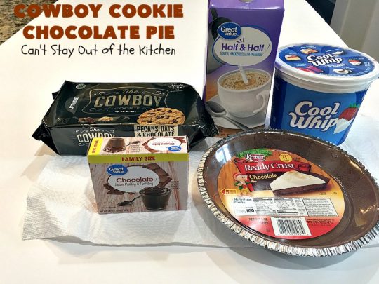 Cowboy Cookie Chocolate Pie | Can't Stay Out of the Kitchen | this luscious & creamy #chocolate #pie is made with #CowboyCookies! Each #cookie contains #pecans #ChocolateChips & #oatmeal. Great #dessert pie for company or #holidays. #CowboyCookieChocolatePie #ChocolateDessert