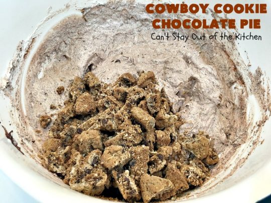 Cowboy Cookie Chocolate Pie | Can't Stay Out of the Kitchen | this luscious & creamy #chocolate #pie is made with #CowboyCookies! Each #cookie contains #pecans #ChocolateChips & #oatmeal. Great #dessert pie for company or #holidays. #CowboyCookieChocolatePie #ChocolateDessert