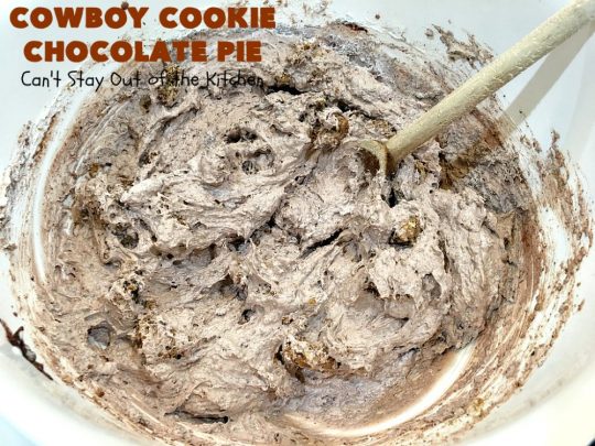 Cowboy Cookie Chocolate Pie | Can't Stay Out of the Kitchen | this luscious & creamy #chocolate #pie is made with #CowboyCookies! Each #cookie contains #pecans #ChocolateChips & #oatmeal. Great #dessert pie for company or #holidays. #CowboyCookieChocolatePie #ChocolateDessert