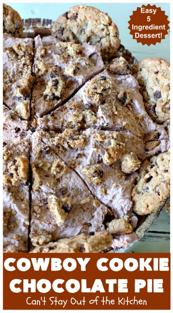 Cowboy Cookie Chocolate Pie | Can't Stay Out of the Kitchen | this luscious & creamy #chocolate #pie is made with #CowboyCookies! Each #cookie contains #pecans #ChocolateChips & #oatmeal. Great #dessert pie for company or #holidays. #CowboyCookieChocolatePie #ChocolateDessert