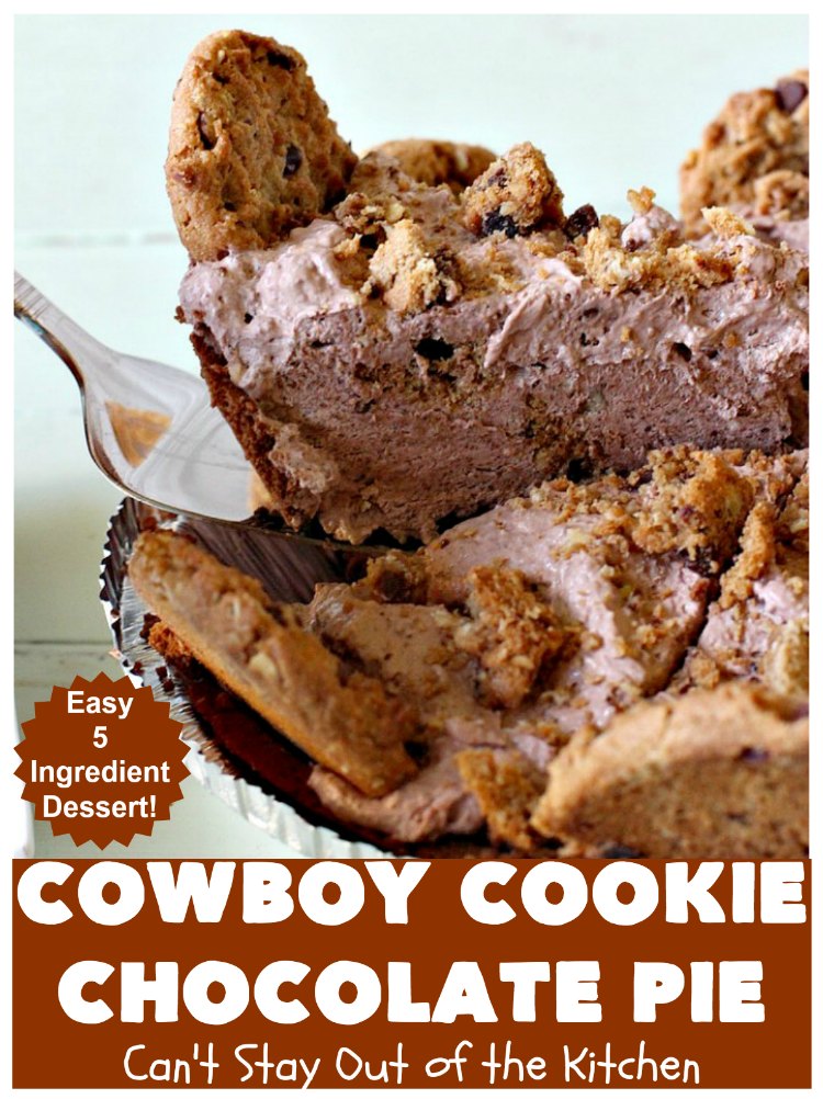 Cowboy Cookie Chocolate Pie | Can't Stay Out of the Kitchen | this luscious & creamy #chocolate #pie is made with #CowboyCookies! Each #cookie contains #pecans #ChocolateChips & #oatmeal. Great #dessert pie for company or #holidays. #CowboyCookieChocolatePie #ChocolateDessert