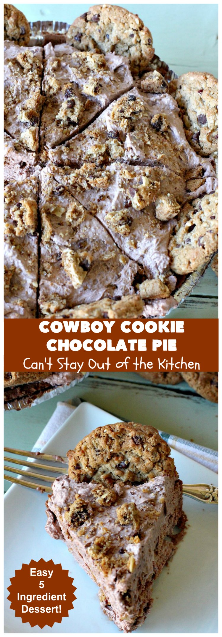 Cowboy Cookie Chocolate Pie | Can't Stay Out of the Kitchen | this luscious & creamy #chocolate #pie is made with #CowboyCookies! Each #cookie contains #pecans #ChocolateChips & #oatmeal. Great #dessert pie for company or #holidays. #CowboyCookieChocolatePie #ChocolateDessert