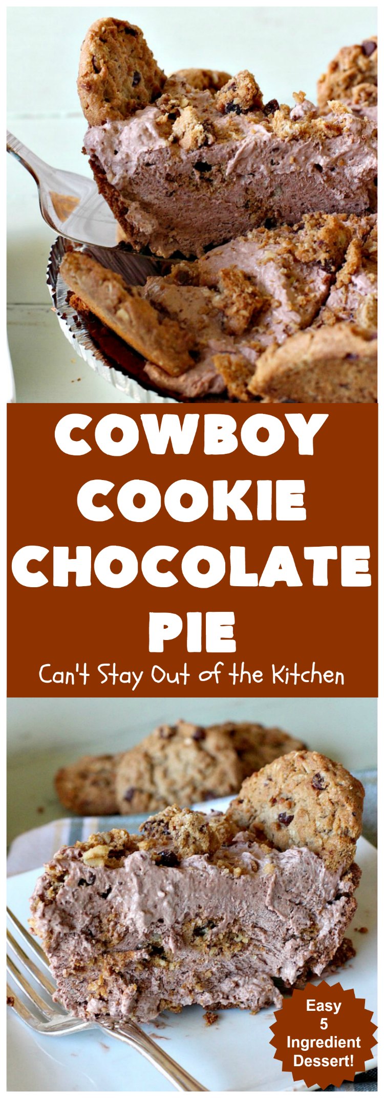 Cowboy Cookie Chocolate Pie | Can't Stay Out of the Kitchen | this luscious & creamy #chocolate #pie is made with #CowboyCookies! Each #cookie contains #pecans #ChocolateChips & #oatmeal. Great #dessert pie for company or #holidays. #CowboyCookieChocolatePie #ChocolateDessert