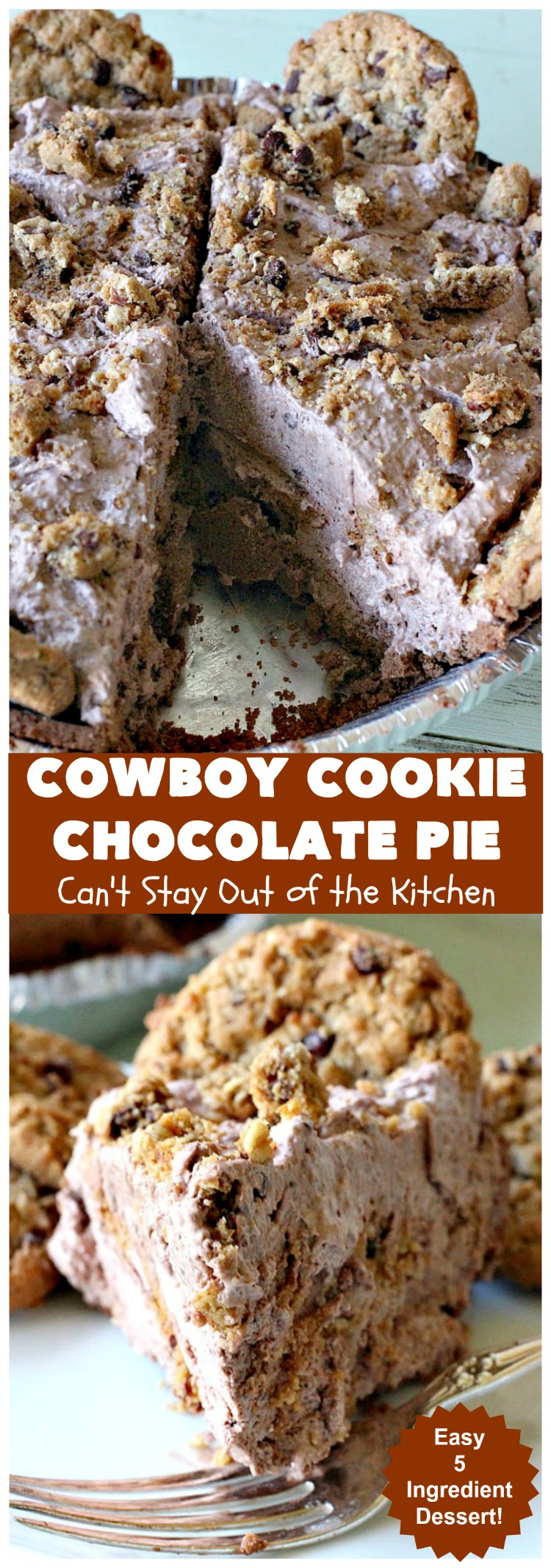 Cowboy Cookie Chocolate Pie | Can't Stay Out of the Kitchen | this luscious & creamy #chocolate #pie is made with #CowboyCookies! Each #cookie contains #pecans #ChocolateChips & #oatmeal. Great #dessert pie for company or #holidays. #CowboyCookieChocolatePie #ChocolateDessert