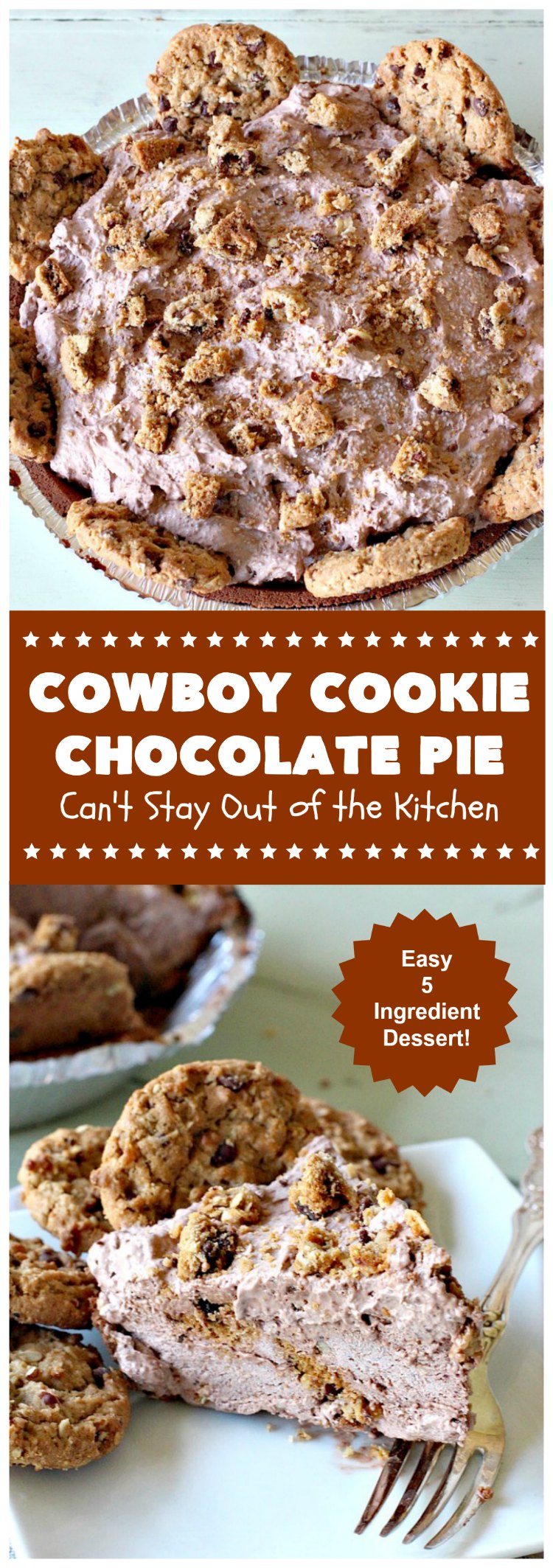 Cowboy Cookie Chocolate Pie | Can't Stay Out of the Kitchen | this luscious & creamy #chocolate #pie is made with #CowboyCookies! Each #cookie contains #pecans #ChocolateChips & #oatmeal. Great #dessert pie for company or #holidays. #CowboyCookieChocolatePie #ChocolateDessert