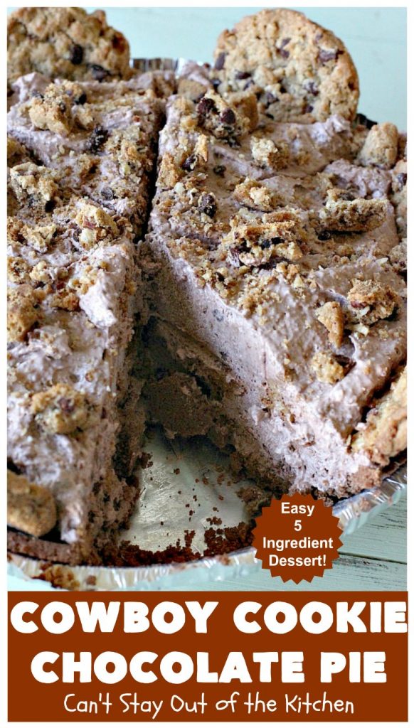 Cowboy Cookie Chocolate Pie | Can't Stay Out of the Kitchen | this luscious & creamy #chocolate #pie is made with #CowboyCookies! Each #cookie contains #pecans #ChocolateChips & #oatmeal. Great #dessert pie for company or #holidays. #CowboyCookieChocolatePie #ChocolateDessert