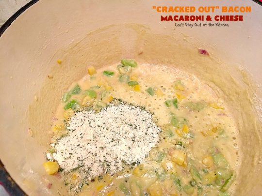 "Cracked Out" Bacon Macaroni and Cheese | Can't Stay Out of the Kitchen | this #Mac&Cheese is divine! The sauce is thick & creamy with several #cheeses and filled with #bacon & homemade #Ranchdressingmix. #glutenfree #pasta #macaroniandcheese