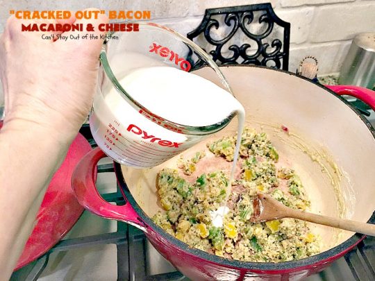 "Cracked Out" Bacon Macaroni and Cheese | Can't Stay Out of the Kitchen | this #Mac&Cheese is divine! The sauce is thick & creamy with several #cheeses and filled with #bacon & homemade #Ranchdressingmix. #glutenfree #pasta #macaroniandcheese
