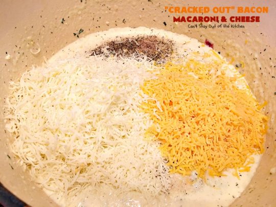"Cracked Out" Bacon Macaroni and Cheese | Can't Stay Out of the Kitchen | this #Mac&Cheese is divine! The sauce is thick & creamy with several #cheeses and filled with #bacon & homemade #Ranchdressingmix. #glutenfree #pasta #macaroniandcheese