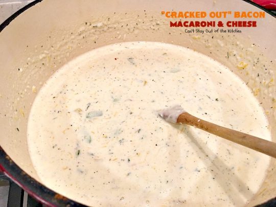 "Cracked Out" Bacon Macaroni and Cheese | Can't Stay Out of the Kitchen | this #Mac&Cheese is divine! The sauce is thick & creamy with several #cheeses and filled with #bacon & homemade #Ranchdressingmix. #glutenfree #pasta #macaroniandcheese