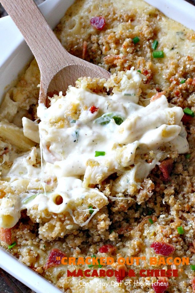 "Cracked Out" Bacon Macaroni and Cheese | Can't Stay Out of the Kitchen | this #Mac&Cheese is divine! The sauce is thick & creamy with several #cheeses and filled with #bacon & homemade #Ranchdressingmix. #glutenfree #pasta #macaroniandcheese