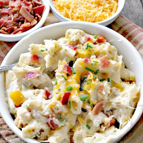 "Cracked Out" Bacon Macaroni and Cheese | Can't Stay Out of the Kitchen | this #Mac&Cheese is divine! The sauce is thick & creamy with several #cheeses and filled with #bacon & homemade #Ranchdressingmix. #glutenfree #pasta #macaroniandcheese