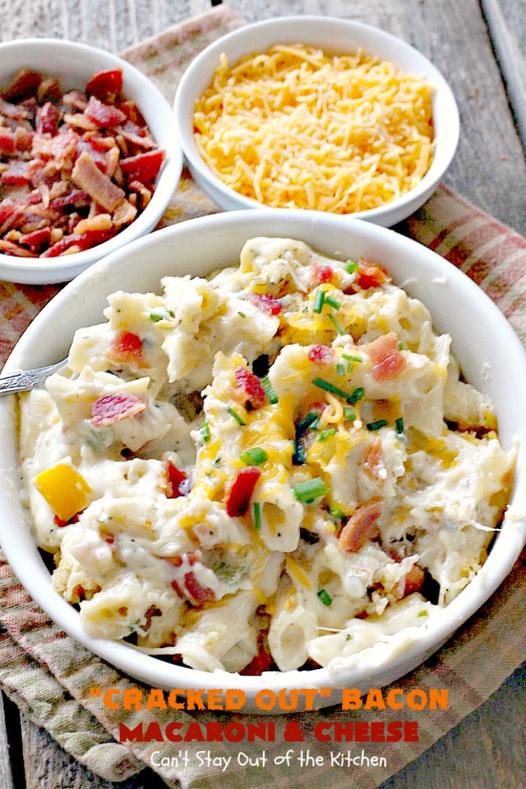 "Cracked Out" Bacon Macaroni and Cheese | Can't Stay Out of the Kitchen | this #Mac&Cheese is divine! The sauce is thick & creamy with several #cheeses and filled with #bacon & homemade #Ranchdressingmix. #glutenfree #pasta #macaroniandcheese