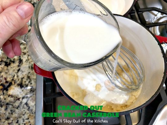 Cracked Out Green Bean Casserole | Can't Stay Out of the Kitchen | you'll never go back to eating classic #GreenBeanCasserole after a bite of this! #RanchDressing makes all the difference. Plus this is a made from scratch recipe without canned soups. Perfect for #holiday menus like #Christmas, #Easter or #Thanksgiving. #Greenbeans #casserole #FrenchFriedOnions
