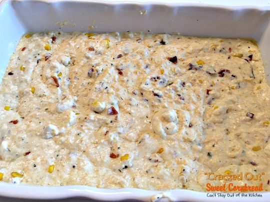 "Cracked Out" Sweet Cornbread | Can't Stay Out of the Kitchen | this amazing #cornbread has #RanchDressingMix, #bacon, #cheddarcheese & creamed #corn. Sweetened with #honey. #glutenfree