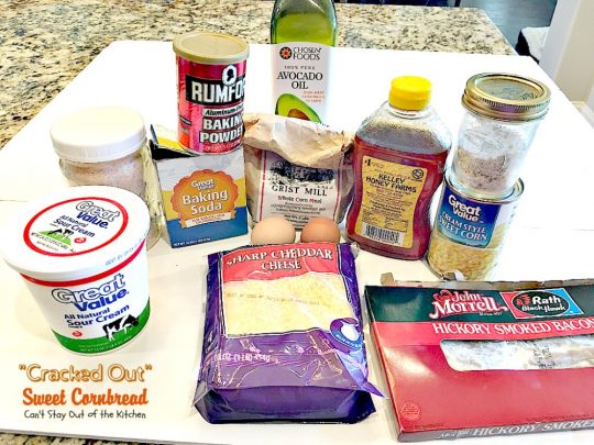 "Cracked Out" Sweet Cornbread | Can't Stay Out of the Kitchen | this amazing #cornbread has #RanchDressingMix, #bacon, #cheddarcheese & creamed #corn. Sweetened with #honey. #glutenfree