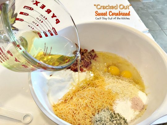 "Cracked Out" Sweet Cornbread | Can't Stay Out of the Kitchen | this amazing #cornbread has #RanchDressingMix, #bacon, #cheddarcheese & creamed #corn. Sweetened with #honey. #glutenfree