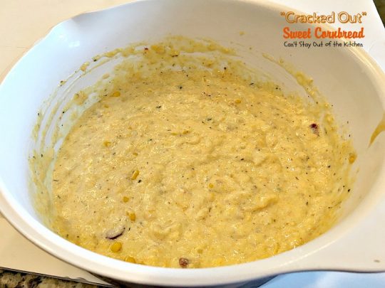 "Cracked Out" Sweet Cornbread | Can't Stay Out of the Kitchen | this amazing #cornbread has #RanchDressingMix, #bacon, #cheddarcheese & creamed #corn. Sweetened with #honey. #glutenfree