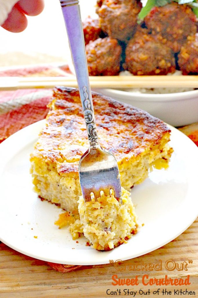 "Cracked Out" Sweet Cornbread | Can't Stay Out of the Kitchen | this amazing #cornbread has #RanchDressingMix, #bacon, #cheddarcheese & creamed #corn. Sweetened with #honey. #glutenfree