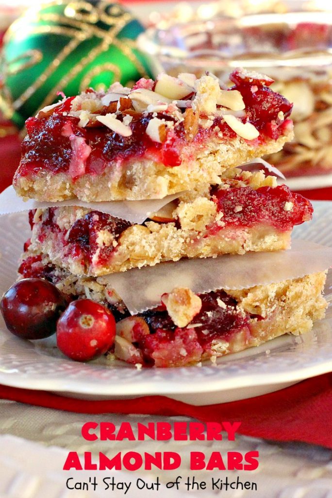 Paula Deen's Cranberry Almond Bars | Can't Stay Out of the Kitchen | fabulous #PaulaDeen #cookie recipe with a streusel crust and topping. The filling is made with fresh #cranberries & #pineapple preserves & #almonds on top. This is a terrific #dessert for #Christmas baking.