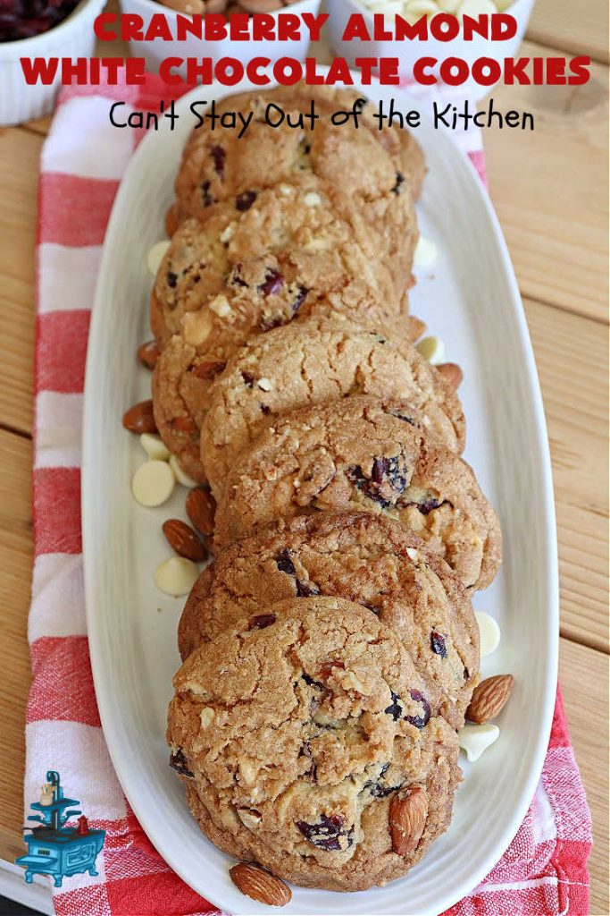 Cranberry Almond White Chocolate Cookies | Can't Stay Out of the Kitchen | these delectable #cookies start from a favorite #ChocolateChipCookie #recipe but use #WhiteChocolateChips, #almonds & dried #cranberries. They're perfect for #holiday parties, potlucks, #tailgating & entertaining of any kind. #chocolate #WhiteChocolate #craisins #dessert #CranberryDessert #ChocolateDessert #AlmondDessert #HolidayDessert #ChristmasCookieExchange #CranberryAlmondWhiteChocolateCookies