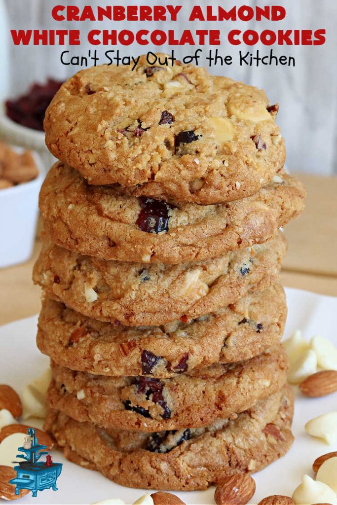 Cranberry Almond White Chocolate Cookies | Can't Stay Out of the Kitchen | these delectable #cookies start from a favorite #ChocolateChipCookie #recipe but use #WhiteChocolateChips, #almonds & dried #cranberries. They're perfect for #holiday parties, potlucks, #tailgating & entertaining of any kind. #chocolate #WhiteChocolate #craisins #dessert #CranberryDessert #ChocolateDessert #AlmondDessert #HolidayDessert #ChristmasCookieExchange #CranberryAlmondWhiteChocolateCookies