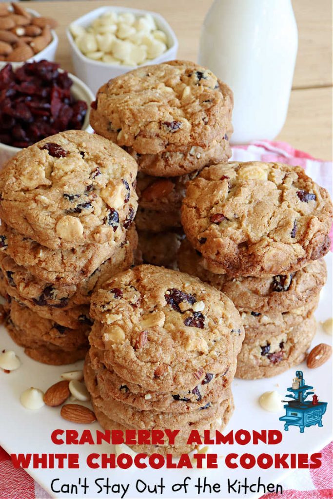 Cranberry Almond White Chocolate Cookies | Can't Stay Out of the Kitchen | these delectable #cookies start from a favorite #ChocolateChipCookie #recipe but use #WhiteChocolateChips, #almonds & dried #cranberries. They're perfect for #holiday parties, potlucks, #tailgating & entertaining of any kind. #chocolate #WhiteChocolate #craisins #dessert #CranberryDessert #ChocolateDessert #AlmondDessert #HolidayDessert #ChristmasCookieExchange #CranberryAlmondWhiteChocolateCookies