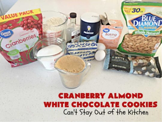 Cranberry Almond White Chocolate Cookies | Can't Stay Out of the Kitchen | these delectable #cookies start from a favorite #ChocolateChipCookie #recipe but use #WhiteChocolateChips, #almonds & dried #cranberries. They're perfect for #holiday parties, potlucks, #tailgating & entertaining of any kind. #chocolate #WhiteChocolate #craisins #dessert #CranberryDessert #ChocolateDessert #AlmondDessert #HolidayDessert #ChristmasCookieExchange #CranberryAlmondWhiteChocolateCookies