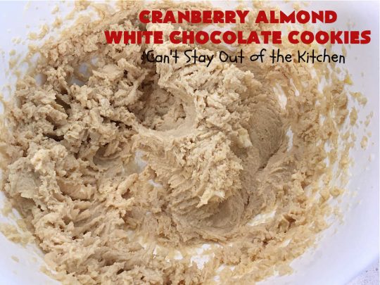 Cranberry Almond White Chocolate Cookies | Can't Stay Out of the Kitchen | these delectable #cookies start from a favorite #ChocolateChipCookie #recipe but use #WhiteChocolateChips, #almonds & dried #cranberries. They're perfect for #holiday parties, potlucks, #tailgating & entertaining of any kind. #chocolate #WhiteChocolate #craisins #dessert #CranberryDessert #ChocolateDessert #AlmondDessert #HolidayDessert #ChristmasCookieExchange #CranberryAlmondWhiteChocolateCookies