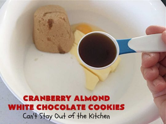 Cranberry Almond White Chocolate Cookies | Can't Stay Out of the Kitchen | these delectable #cookies start from a favorite #ChocolateChipCookie #recipe but use #WhiteChocolateChips, #almonds & dried #cranberries. They're perfect for #holiday parties, potlucks, #tailgating & entertaining of any kind. #chocolate #WhiteChocolate #craisins #dessert #CranberryDessert #ChocolateDessert #AlmondDessert #HolidayDessert #ChristmasCookieExchange #CranberryAlmondWhiteChocolateCookies