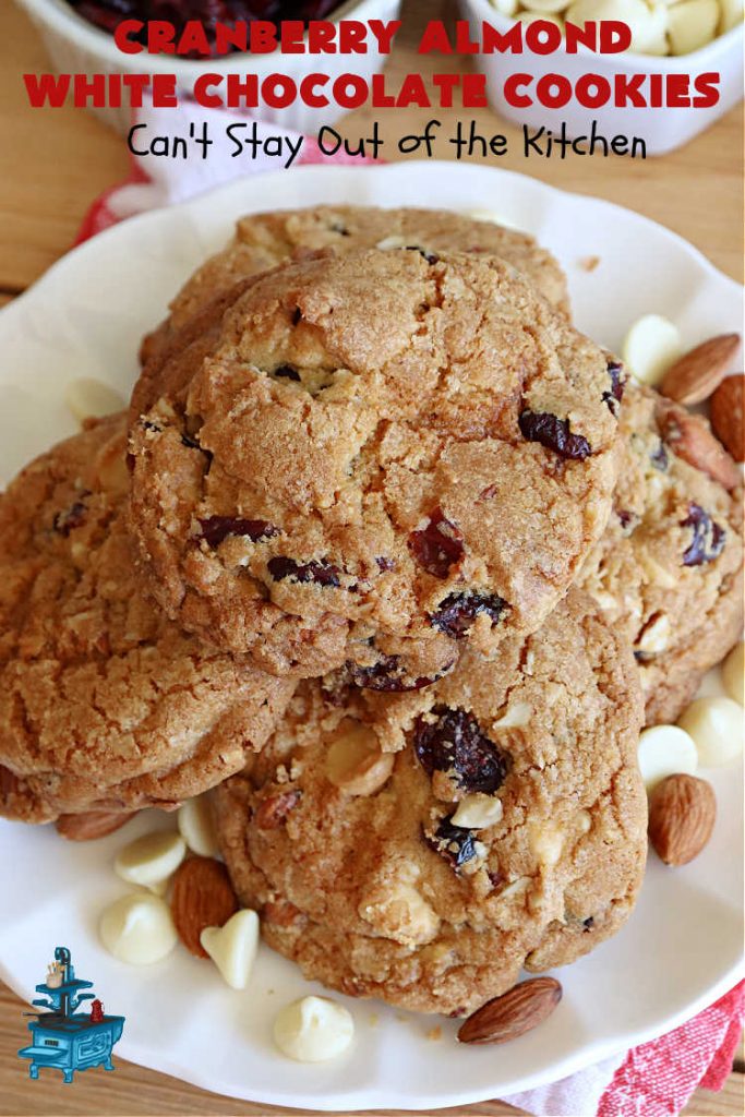 Cranberry Almond White Chocolate Cookies | Can't Stay Out of the Kitchen | these delectable #cookies start from a favorite #ChocolateChipCookie #recipe but use #WhiteChocolateChips, #almonds & dried #cranberries. They're perfect for #holiday parties, potlucks, #tailgating & entertaining of any kind. #chocolate #WhiteChocolate #craisins #dessert #CranberryDessert #ChocolateDessert #AlmondDessert #HolidayDessert #ChristmasCookieExchange #CranberryAlmondWhiteChocolateCookies